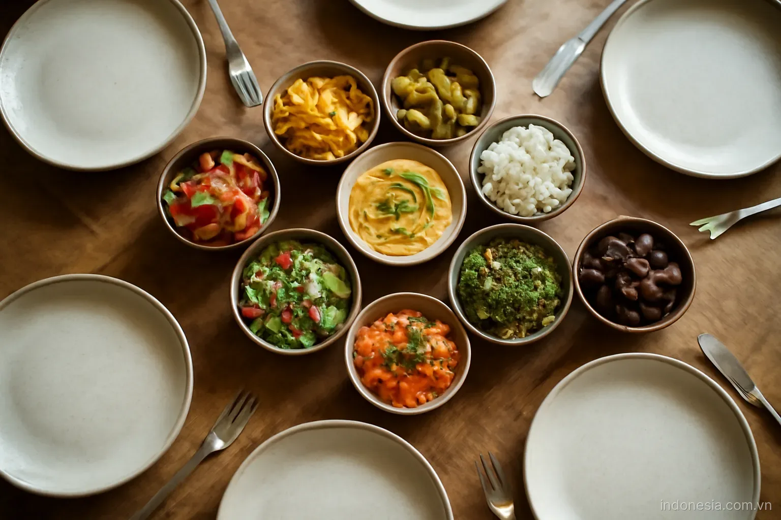 A shared table with many small dishes arranged in the centre and empty plates around, overhead view, no text