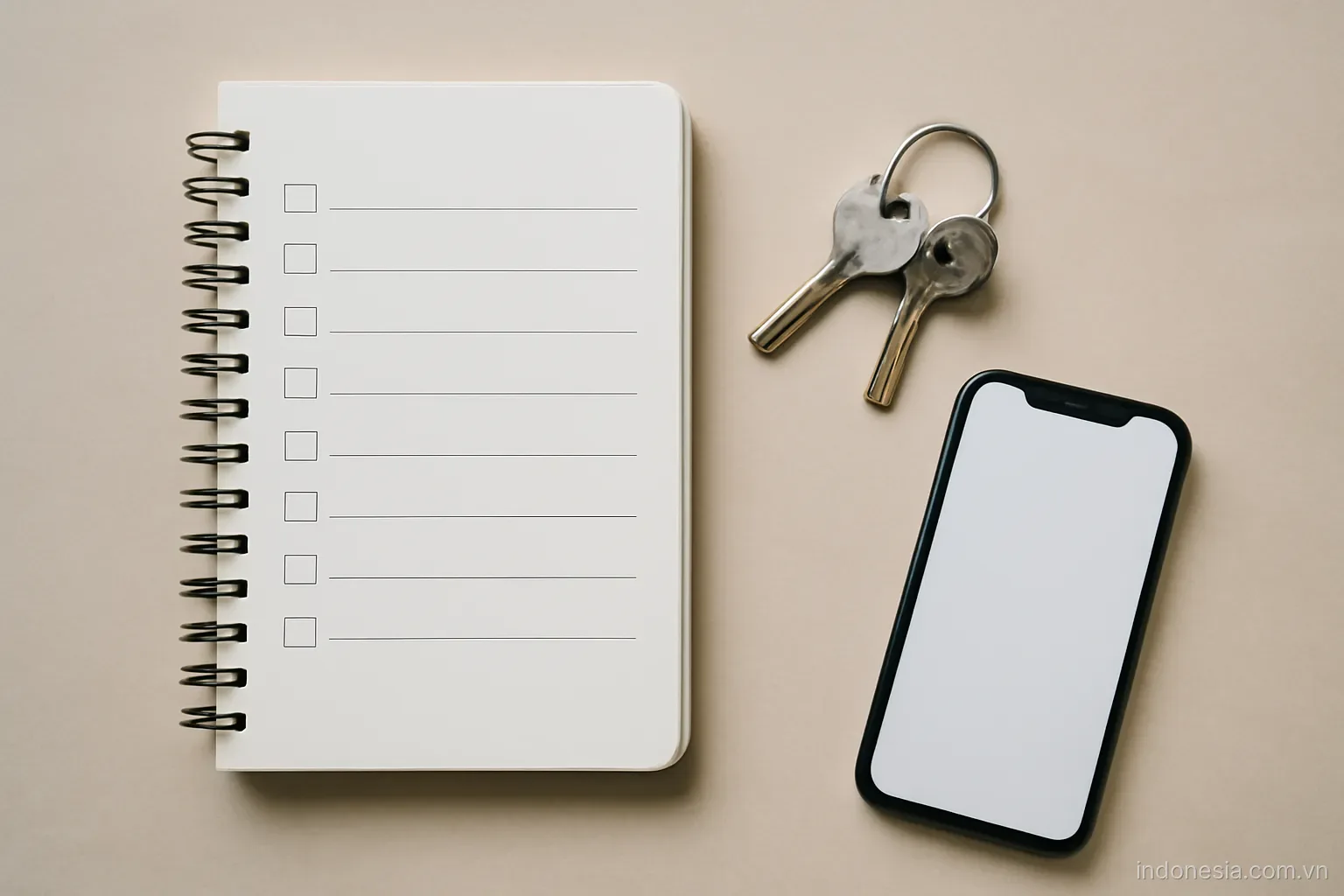 A checklist notebook beside a set of keys and a phone on a plain table, overhead view, no text