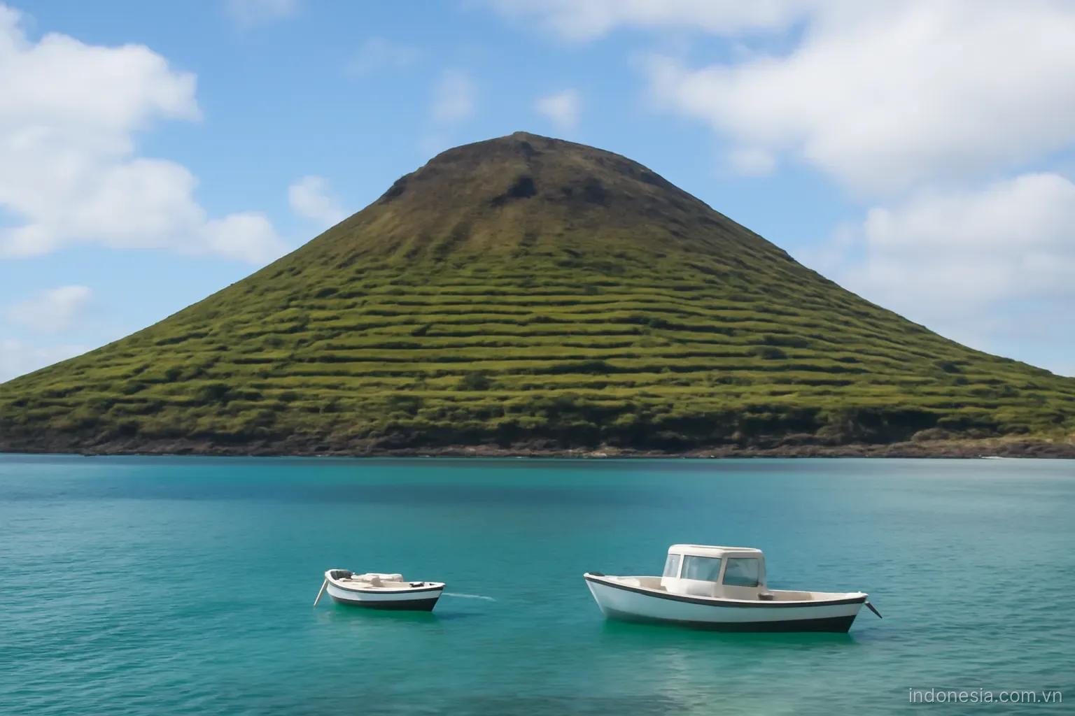 A small volcanic island with terraced slopes rising from turquoise water, boats moored along the shore, wide view, no text
