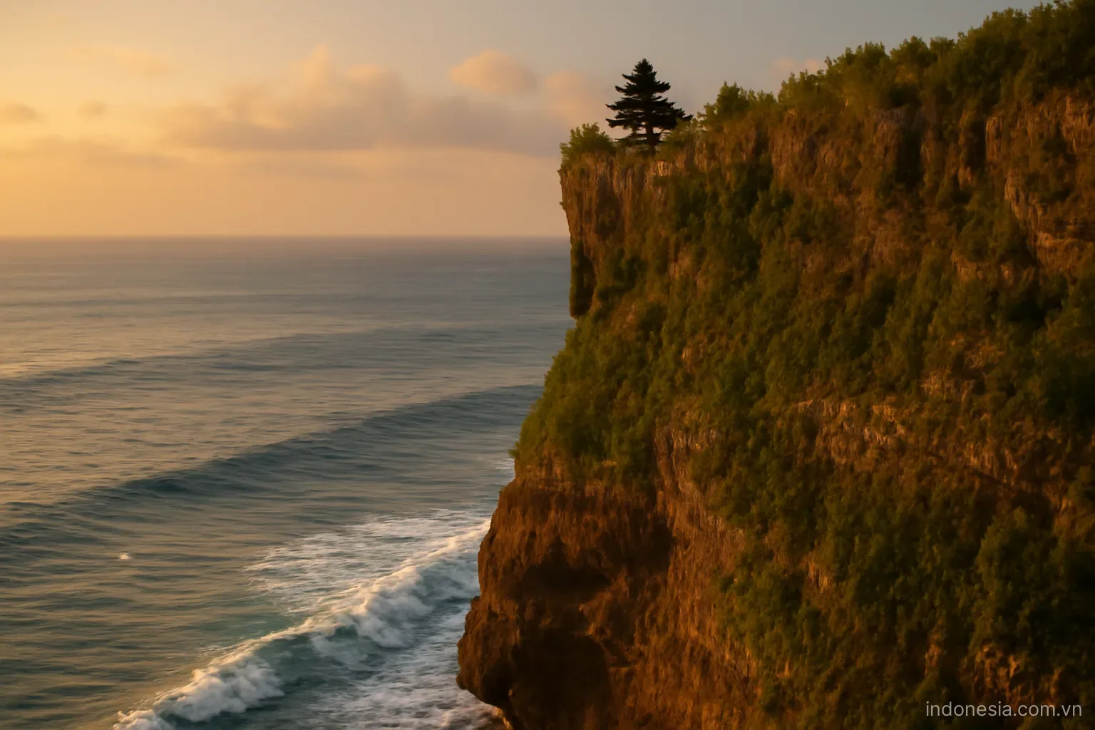 A cliff temple above the sea at golden hour with waves below, wide view, no text