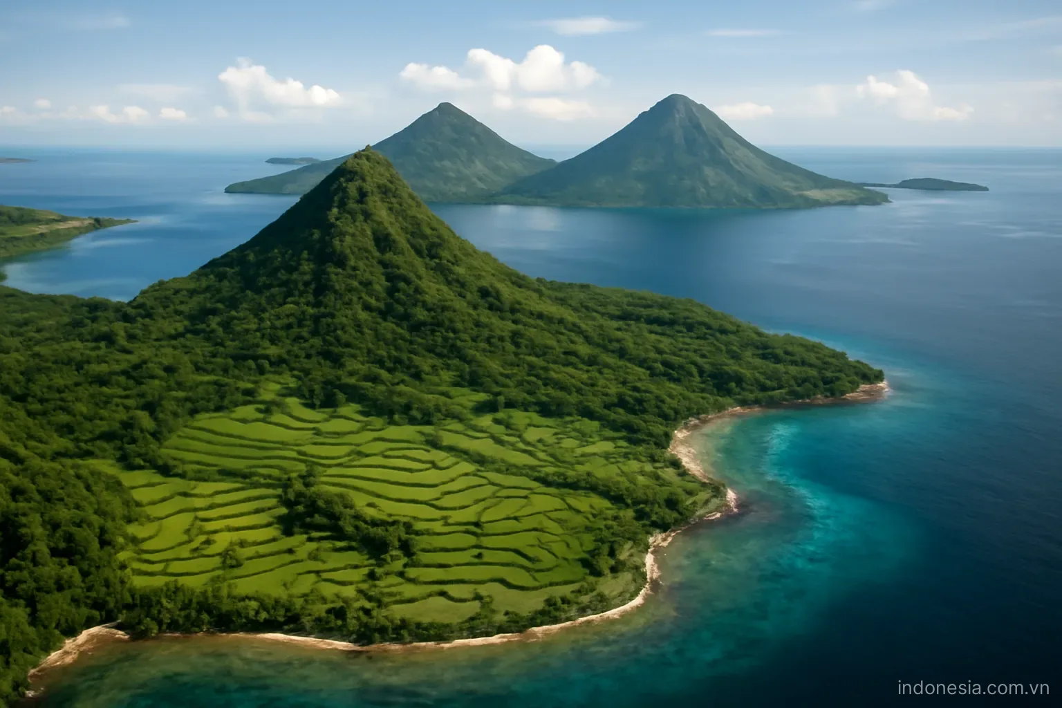 Aerial view of a tropical archipelago with volcanic peaks and terraced fields meeting the sea, wide angle, no text