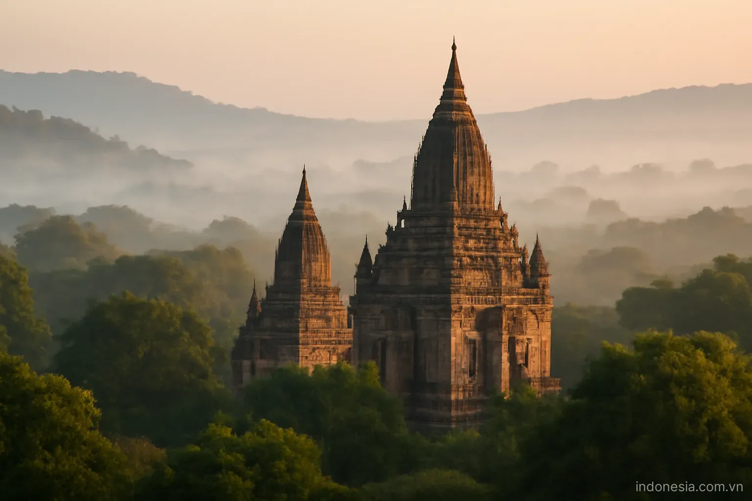 Stone temple spires rising above trees in early morning light with mist in the valley, wide view, no text