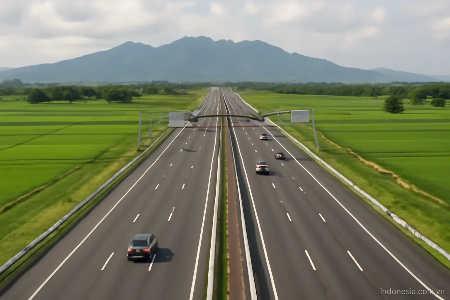 A multi-lane toll road cutting through rice fields with a mountain ridge on the horizon, wide view, no text