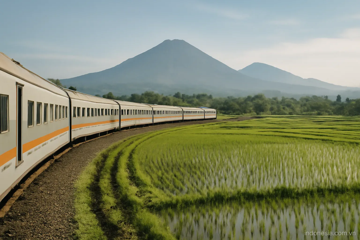 A passenger train curving along a track between rice paddies with volcanic peaks in the distance, wide view, no text