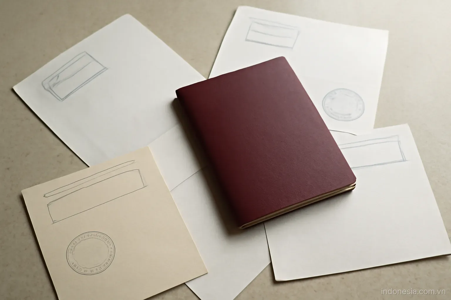 A passport and several stamped documents arranged on a counter, overhead view, no text