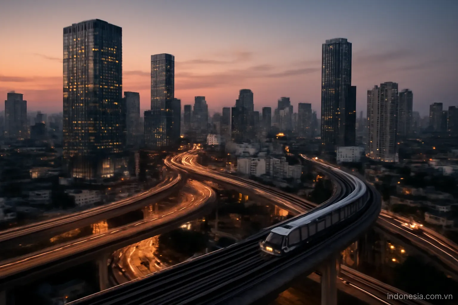 A dense city skyline with elevated rail lines and highways weaving between high-rise towers at dusk, wide view, no text