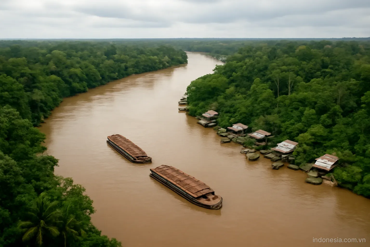 A wide brown river curving through dense rainforest with timber barges and stilt houses along the bank, aerial view, no text
