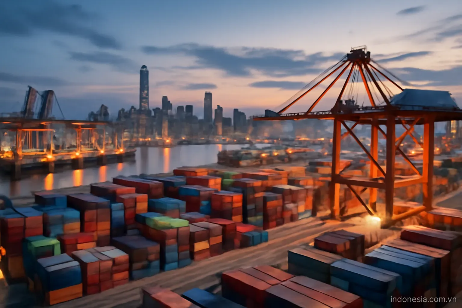 A busy container port with cranes and stacked containers beside a modern city skyline at dusk, wide angle, no text