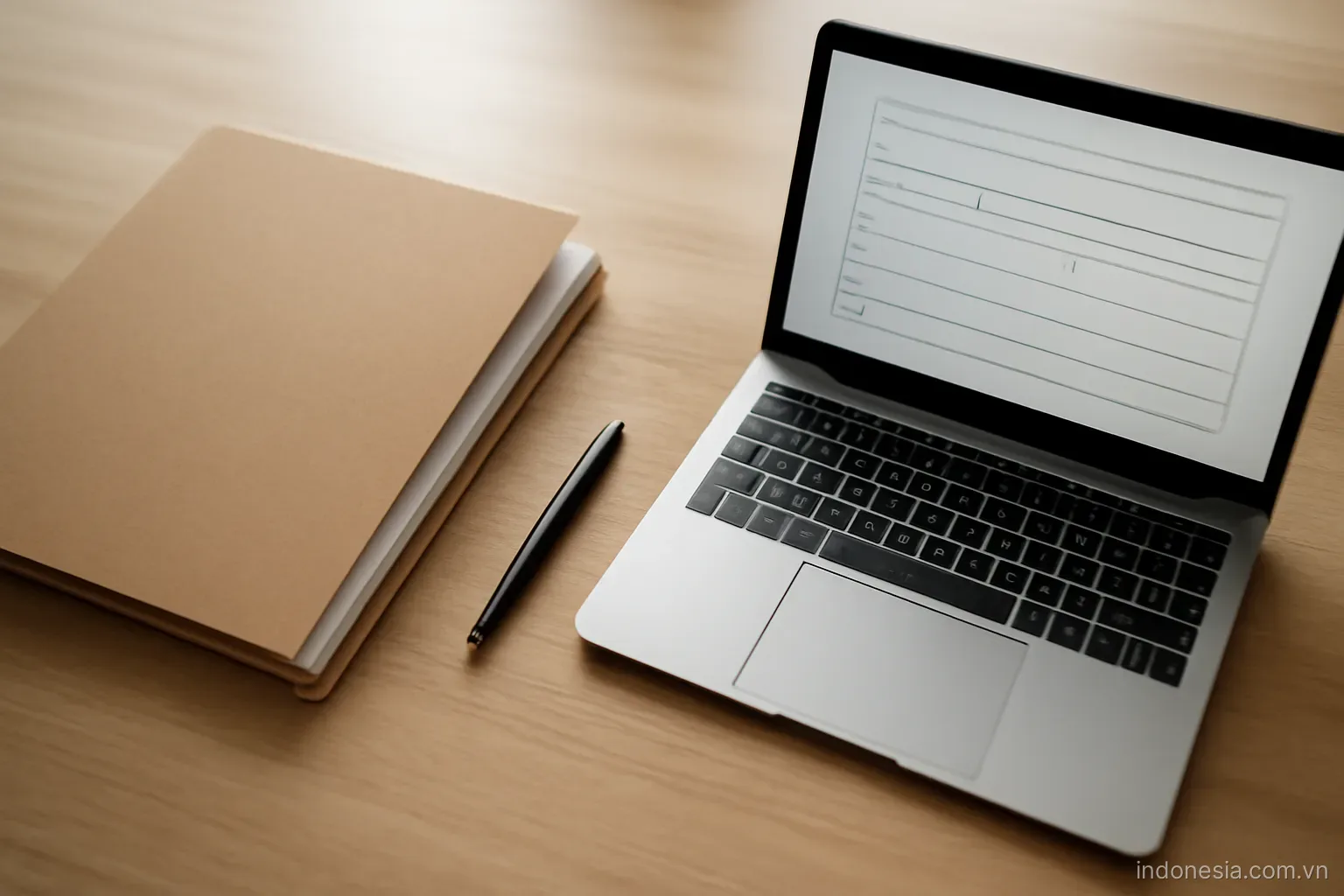 A folder of documents and a laptop showing a form on an office desk, overhead view, no text
