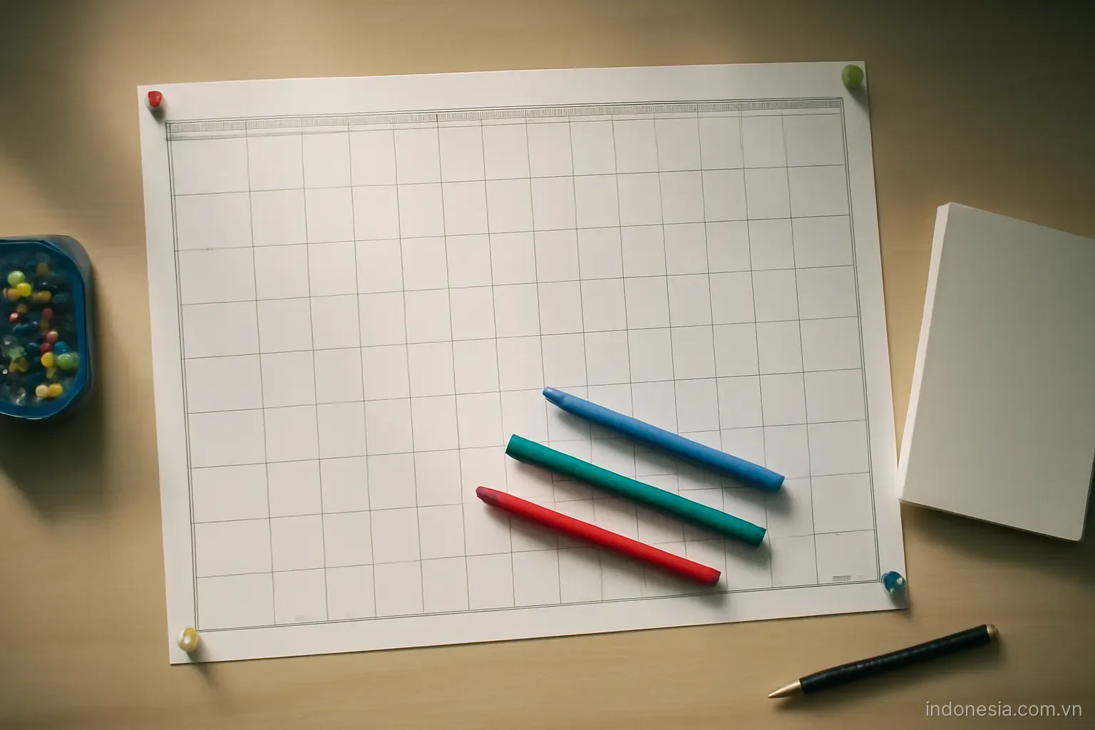 A twelve-month wall planner with pins and coloured markers on a desk, overhead view, no text