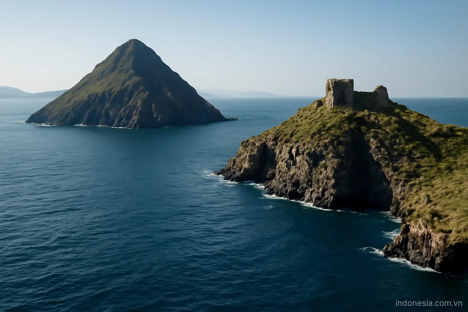 Small volcanic islands rising steeply from deep blue sea with a fort ruin on a headland, wide view, no text