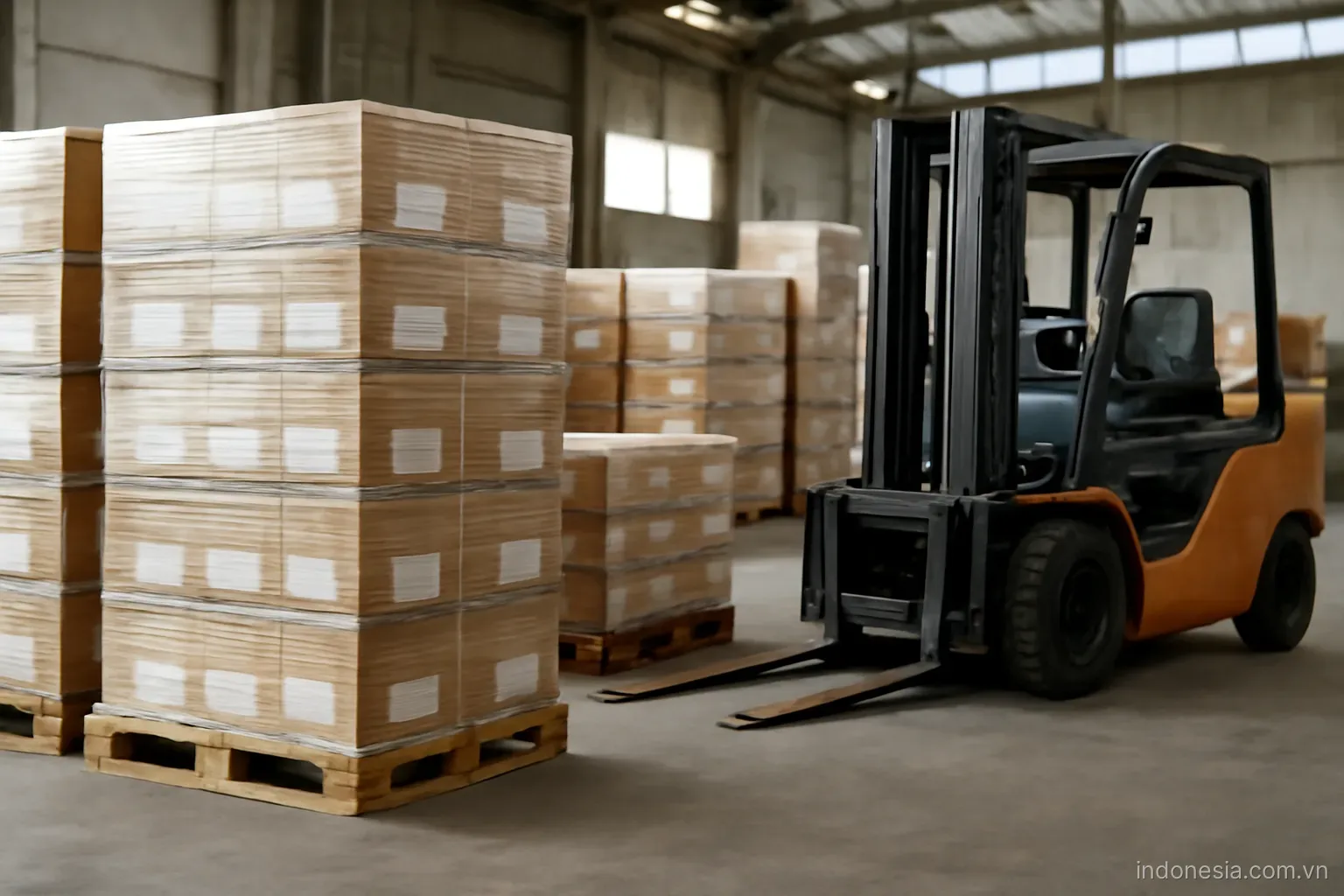 Stacked crates of packaged goods on a warehouse floor with a forklift nearby, wide view, no text