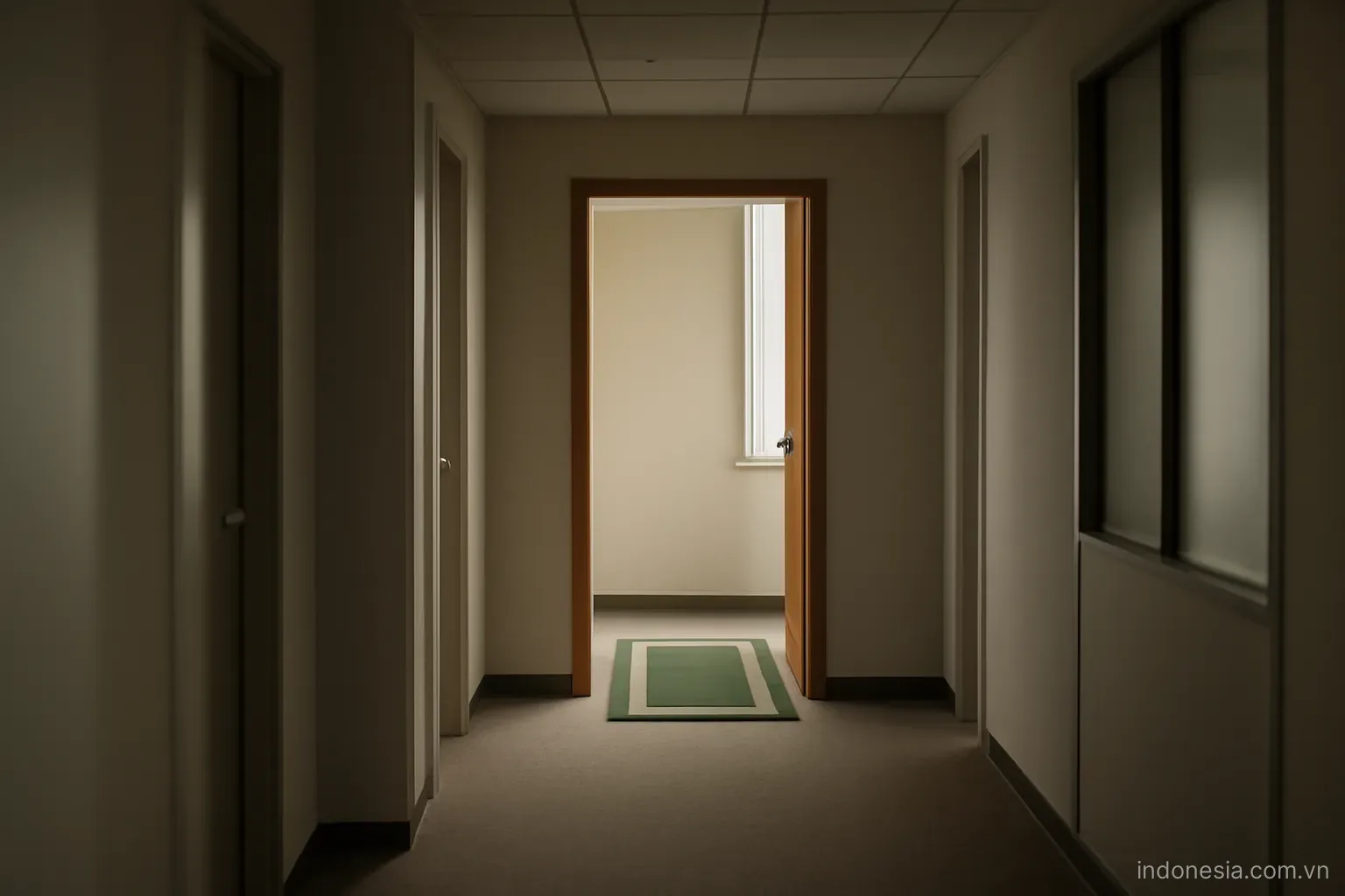 An office corridor with a small prayer room door open at the end, quiet light, eye level, no text