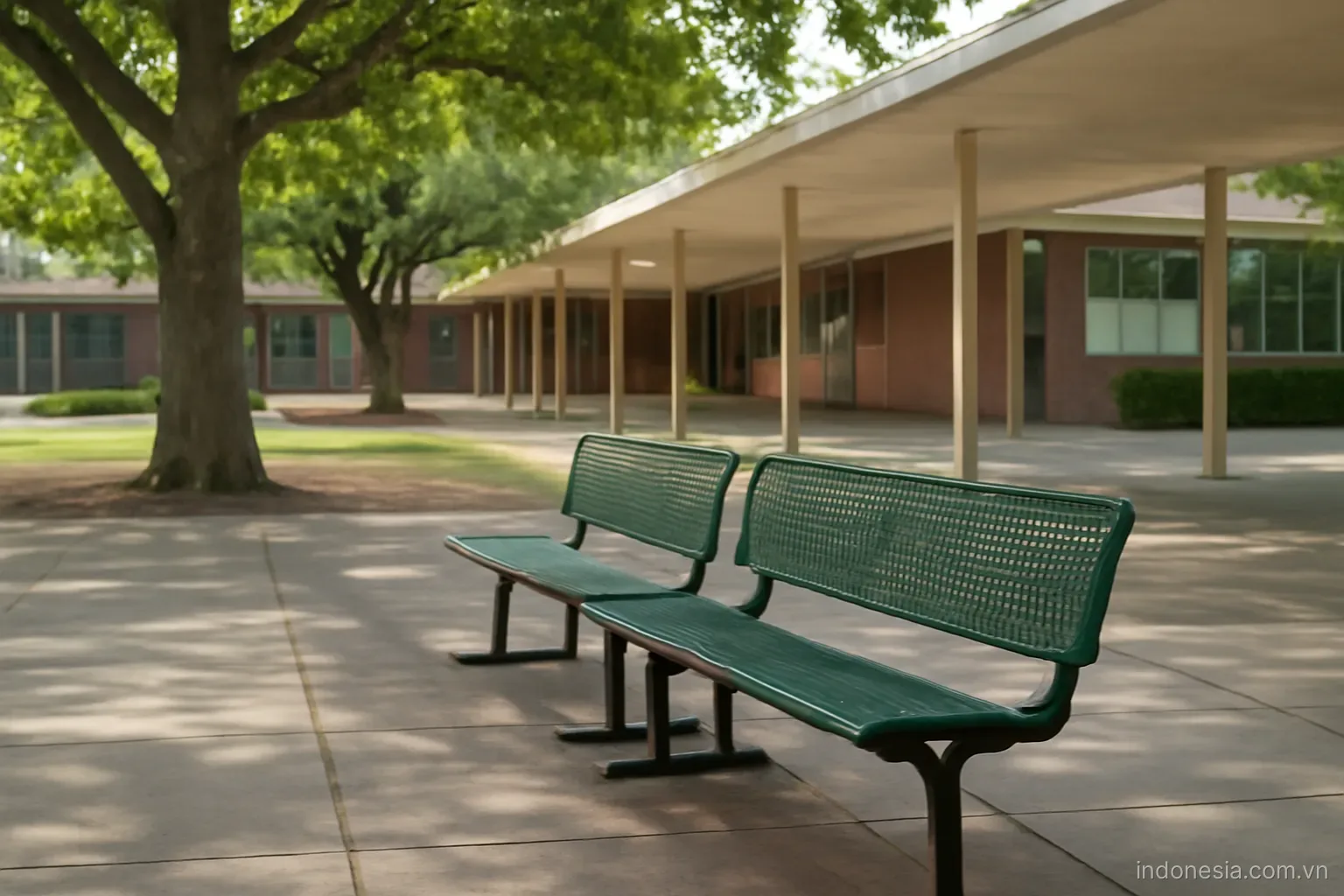 A school courtyard with empty benches and a covered walkway under trees, wide view, no text
