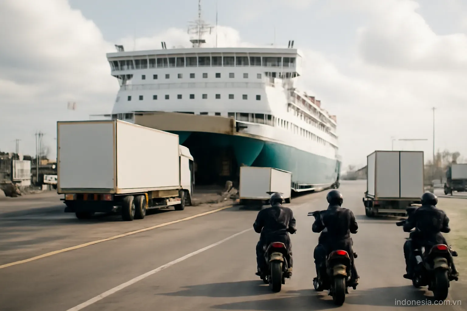 A large passenger ferry docking at a busy port ramp with trucks and motorbikes waiting, wide view, no text