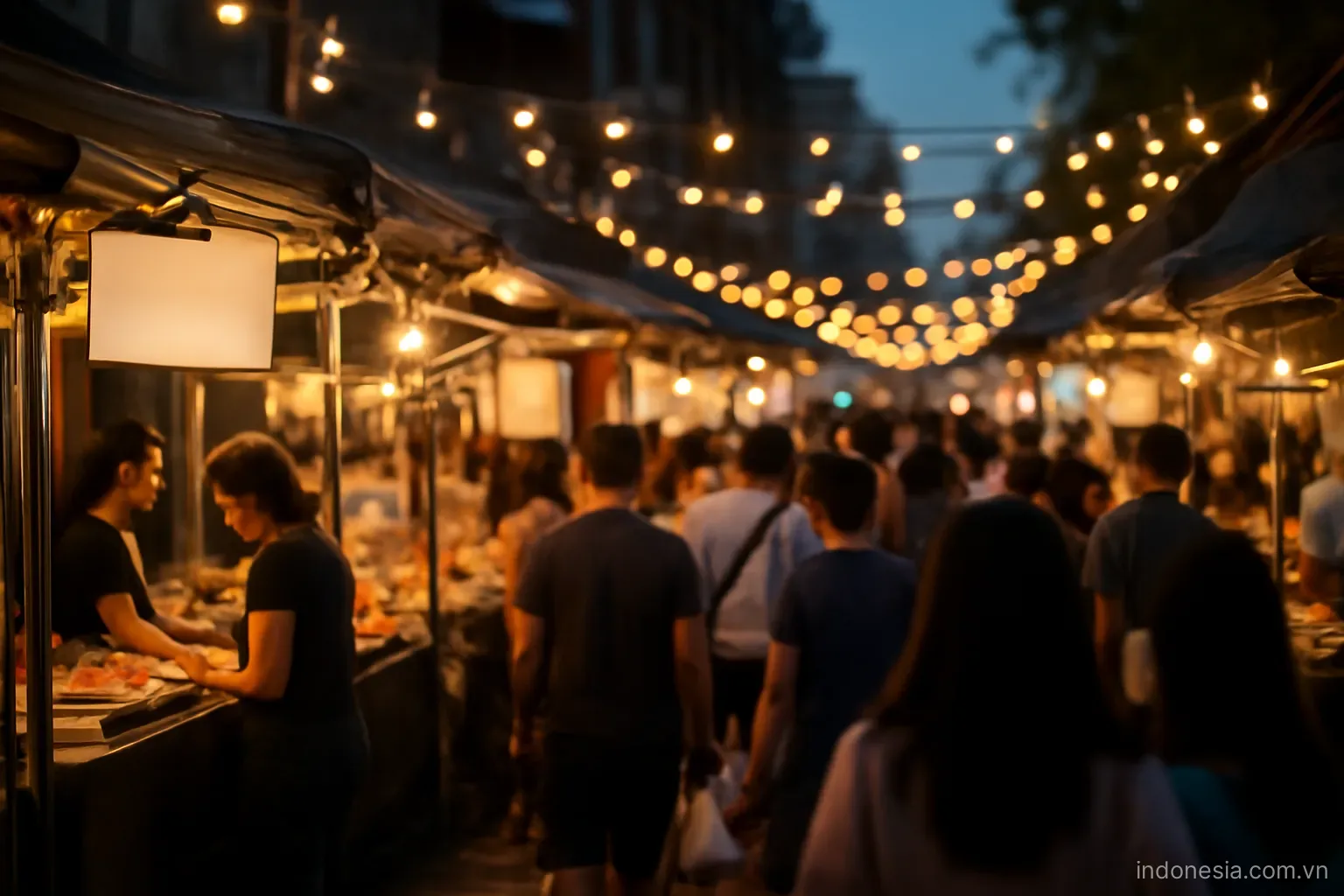 A night market street with food stalls and strings of small lights, crowded, eye level, no text