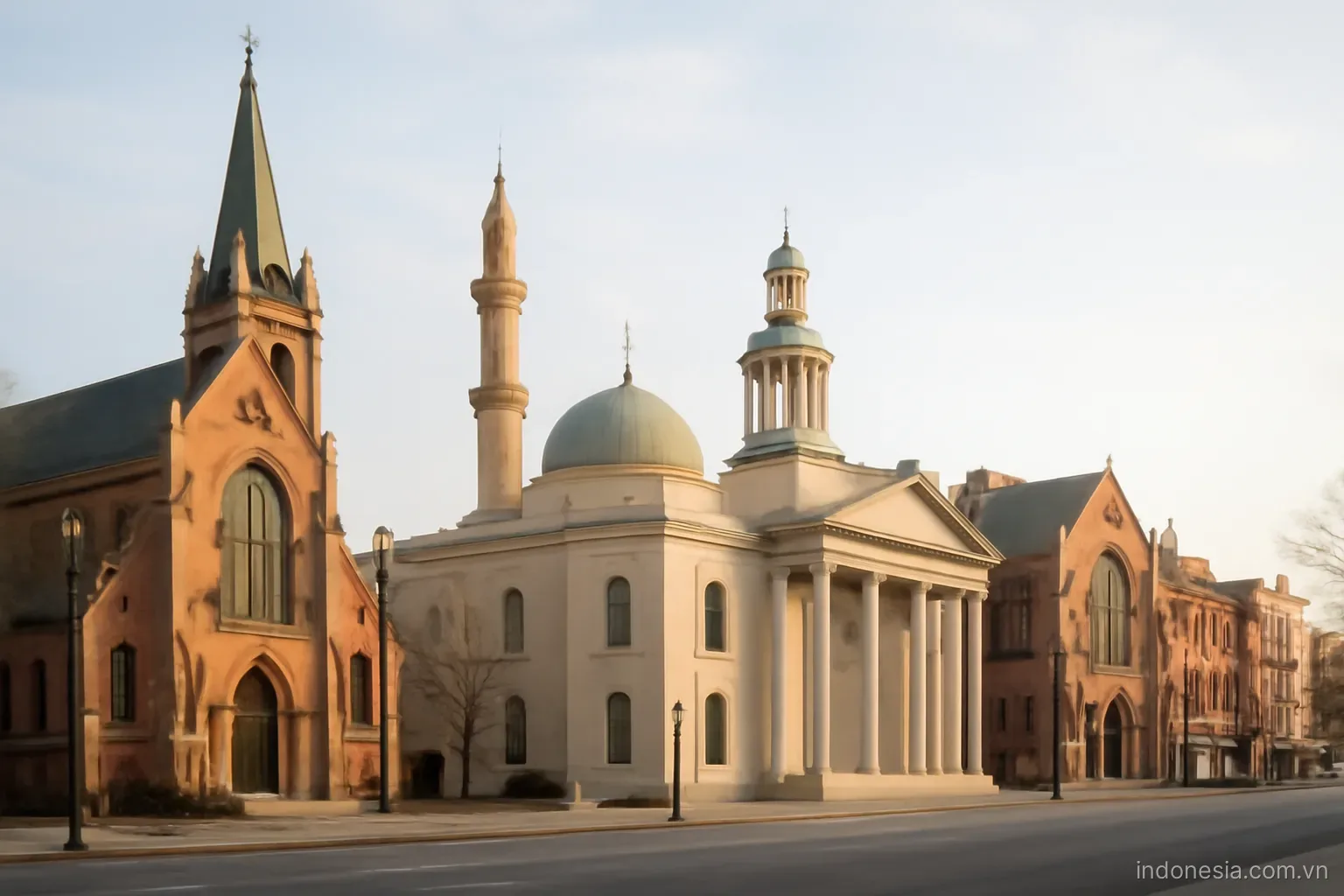 Several places of worship with different architectural styles standing along one city street, wide view, no text