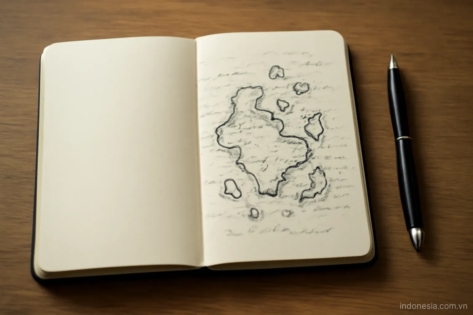 An open notebook with a hand-drawn map of an archipelago and a pen beside it, overhead view, no text