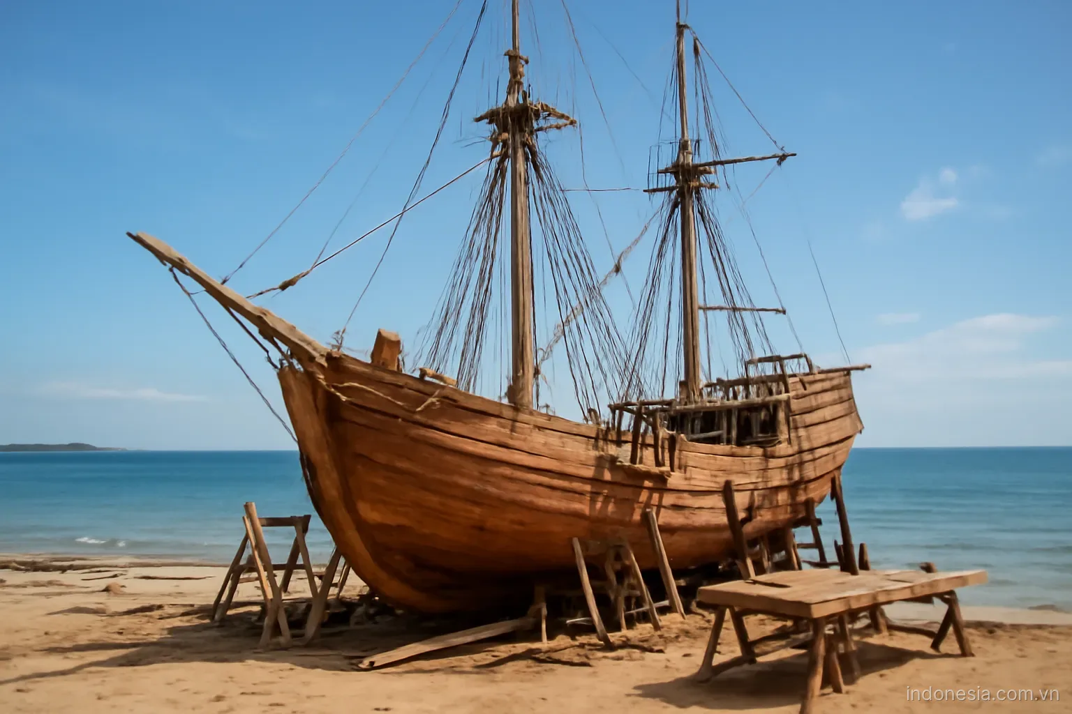 A traditional wooden sailing ship under construction on a beach beside calm blue water, wide view, no text