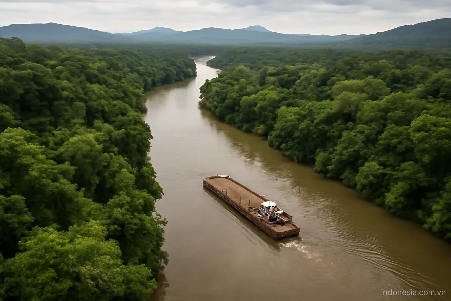 A river winding through dense rainforest with a mining barge and distant hills, aerial view, no text