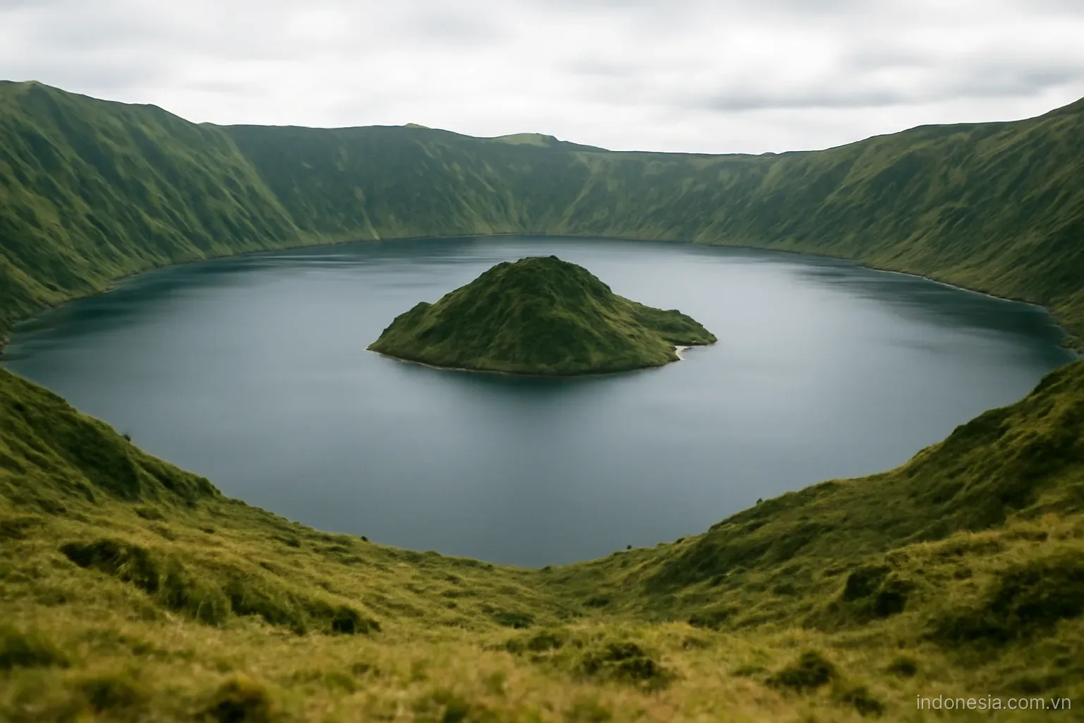 A vast crater lake with an island in the middle, surrounded by steep green highlands, wide view, no text