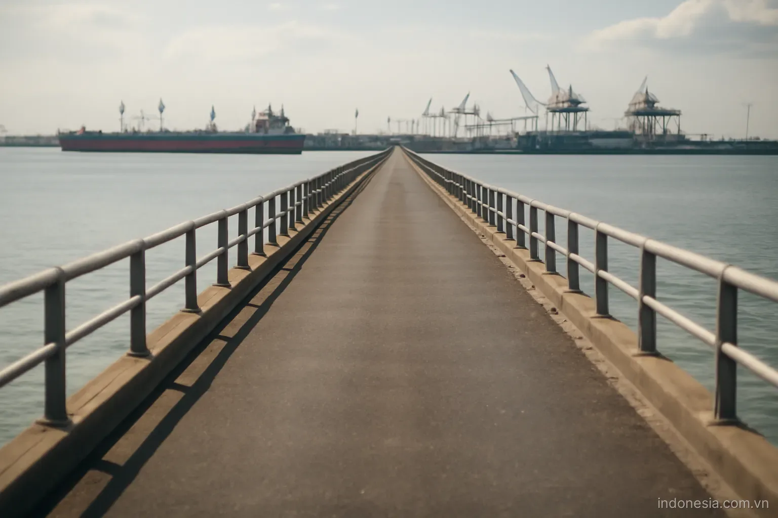 A long sea bridge connecting two shores with cargo ships and port cranes in the background, wide view, no text