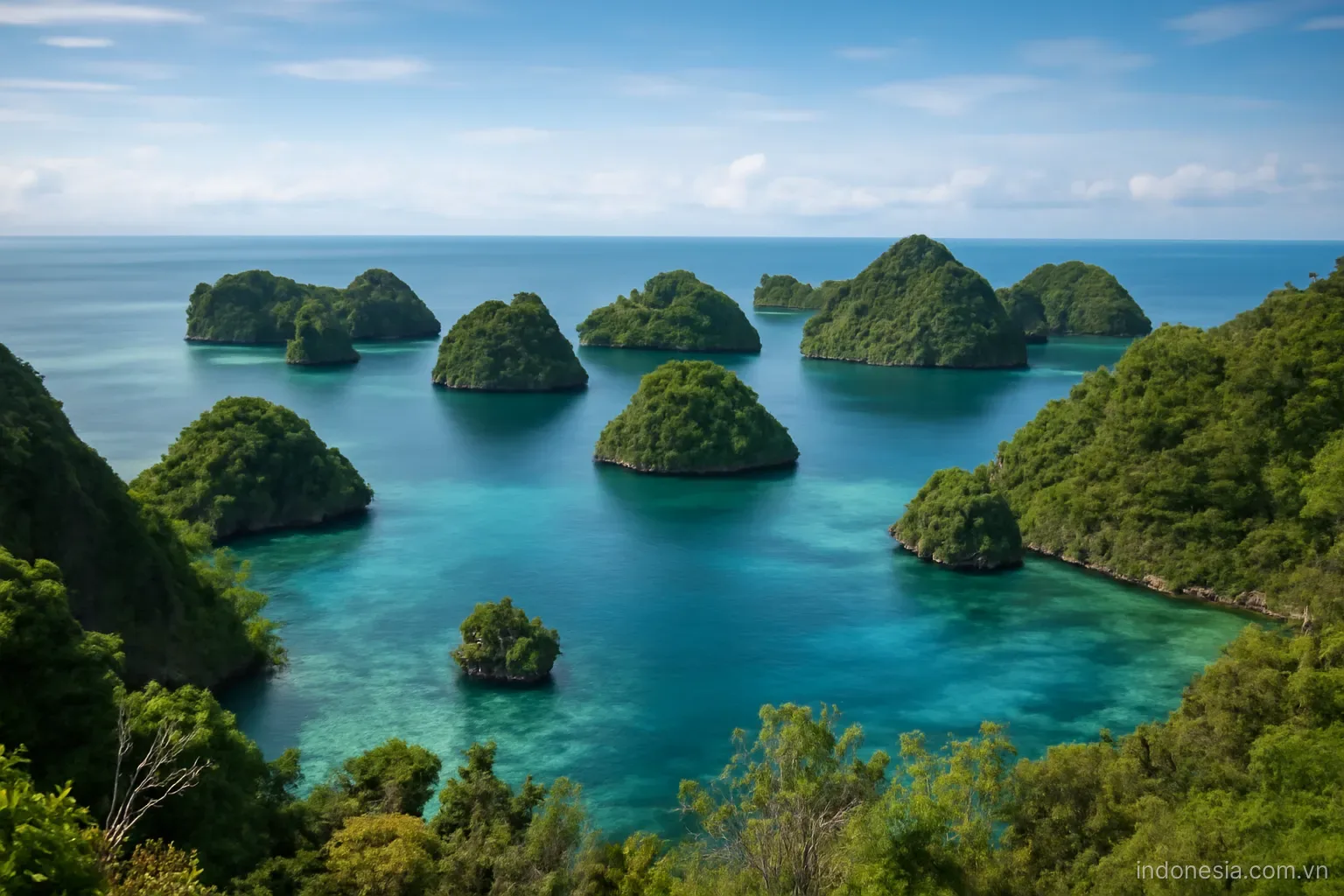 A cluster of karst islets in shallow turquoise water seen from a high ridge, wide view, no text