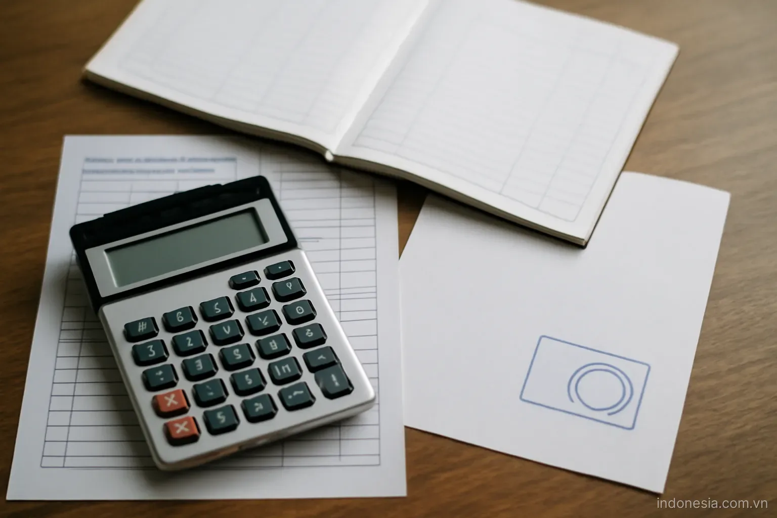 A desk with ledger printouts, a calculator and a stamped document, overhead view, no text