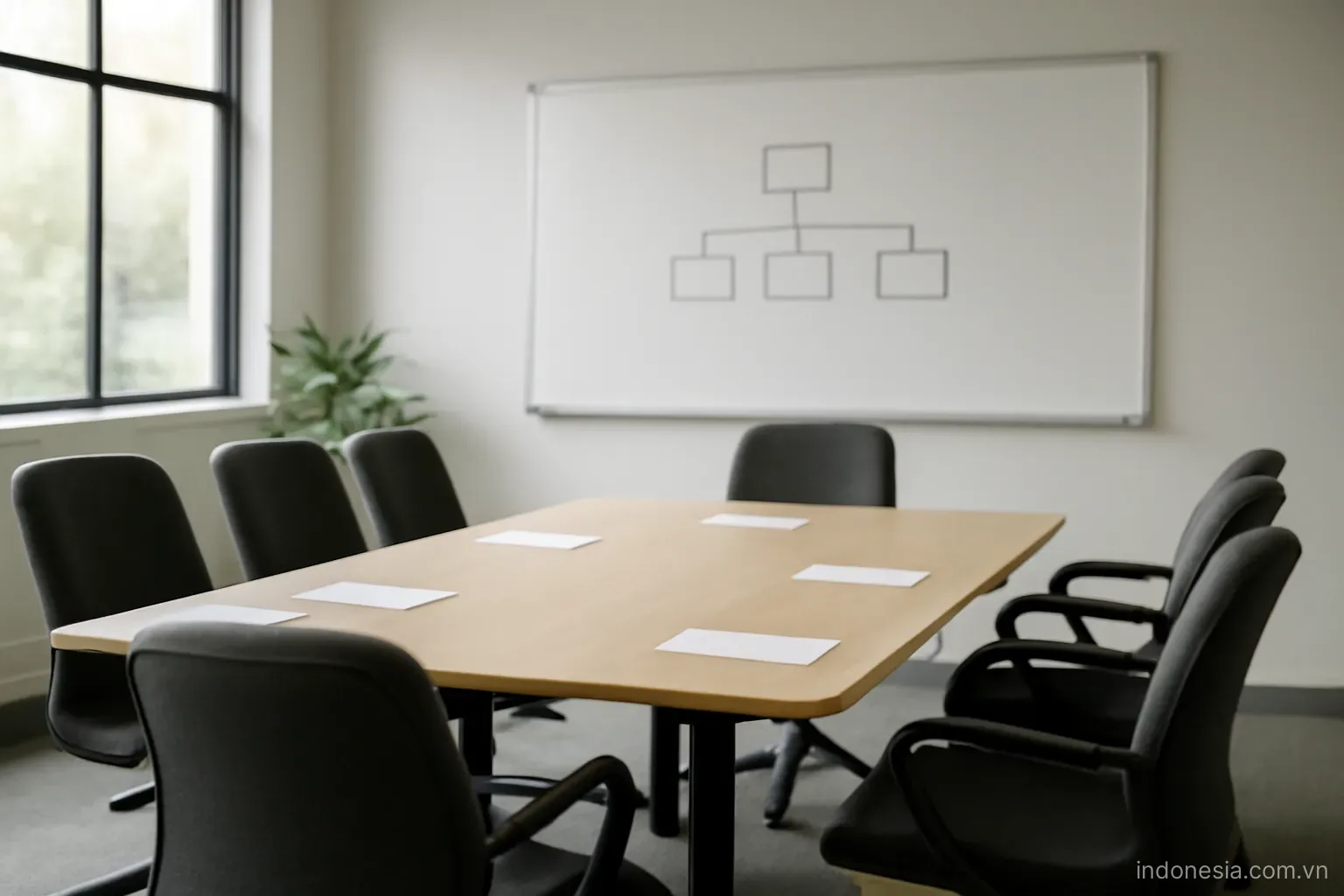 A meeting room with chairs around a table and a whiteboard with an org chart sketch, wide view, no text