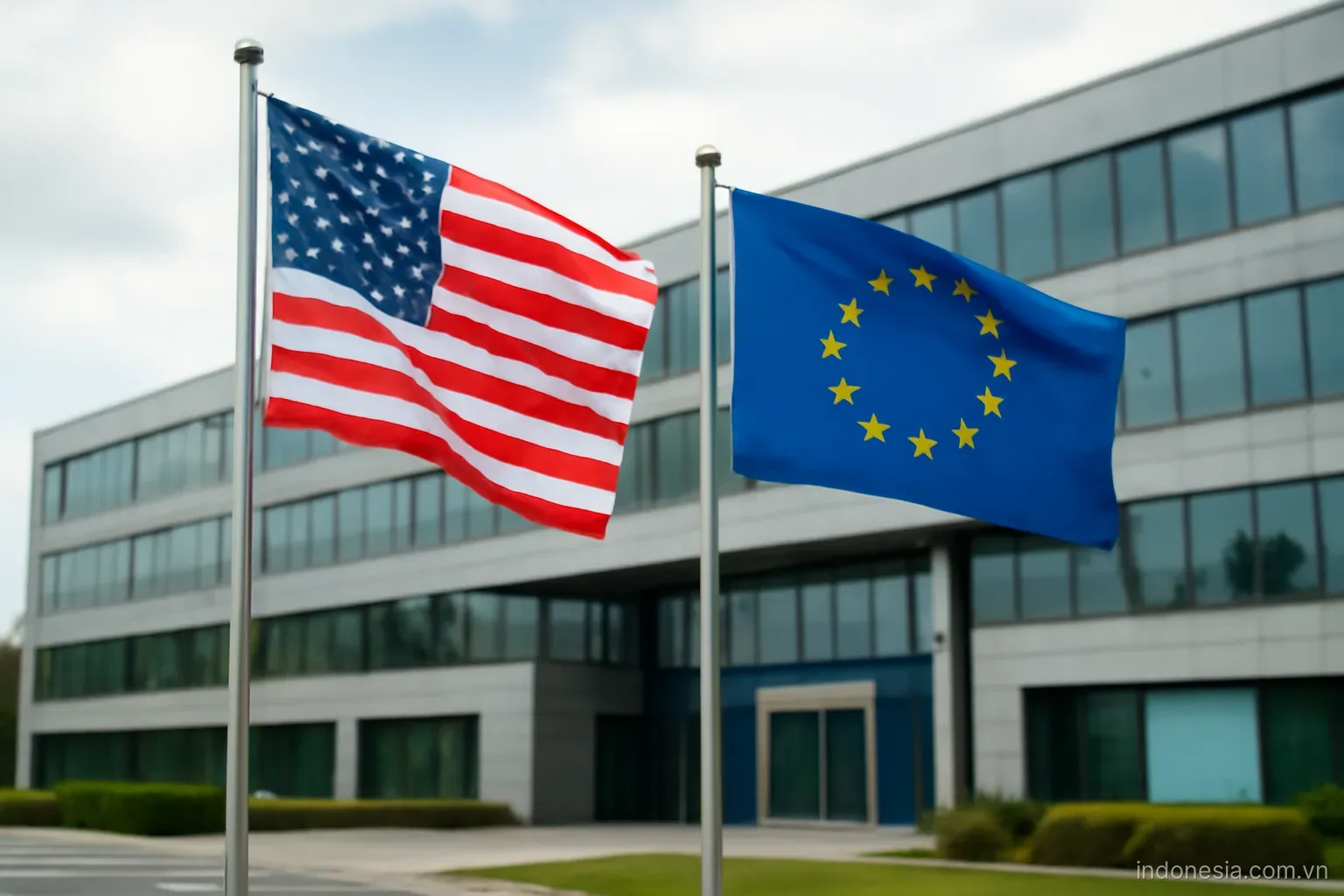 Two national flags on poles beside a modern conference building, wide view, no text