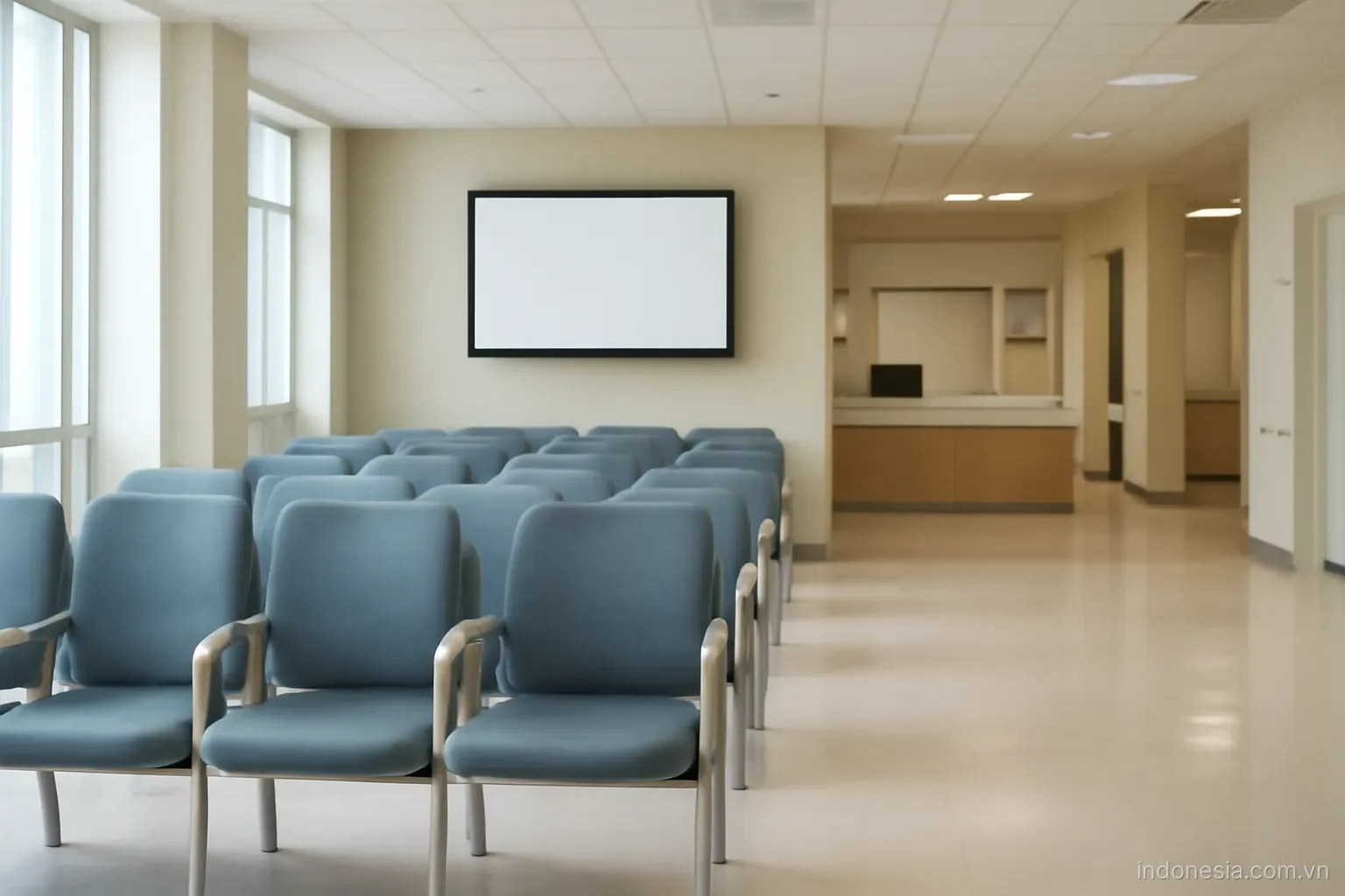 A hospital reception hall with rows of seats and a directory board, wide view, no text