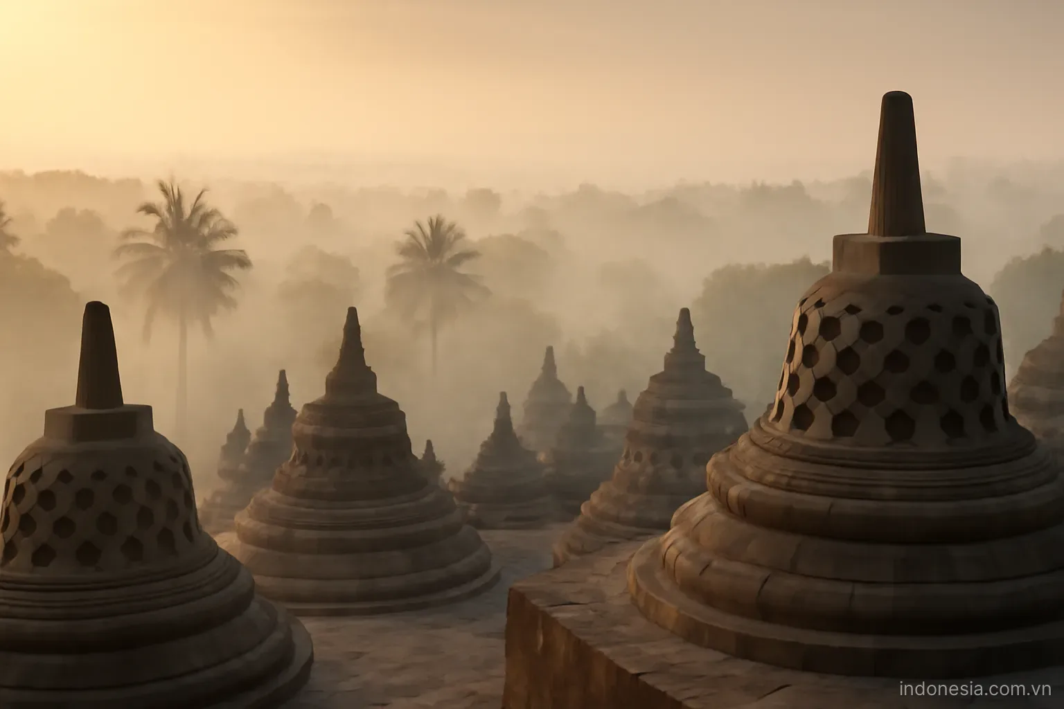 An ancient stone temple complex with stupas rising above morning mist and palm trees, wide view, no text